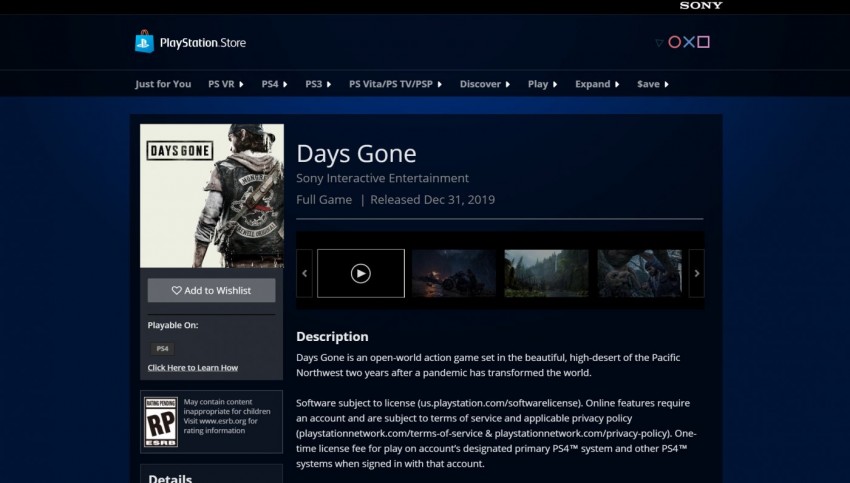 rinvio days gone playstation store