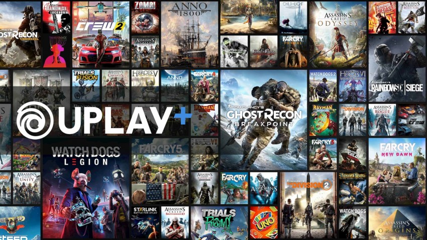 Uplay+ collage con tutti i titoli e logo