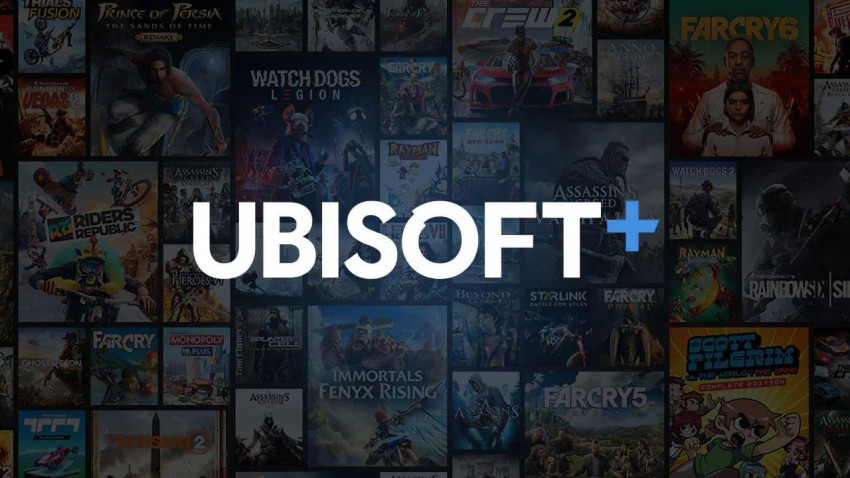 Ubisoft+ nuovo logo con sfondo giochi
