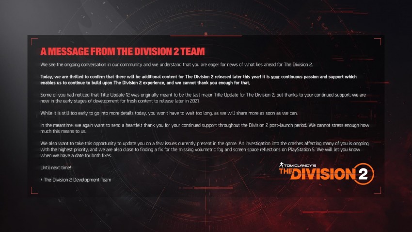 The Division 2 messaggio supporto 2021