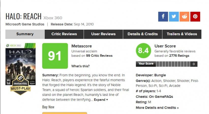 Halo Reach metascore