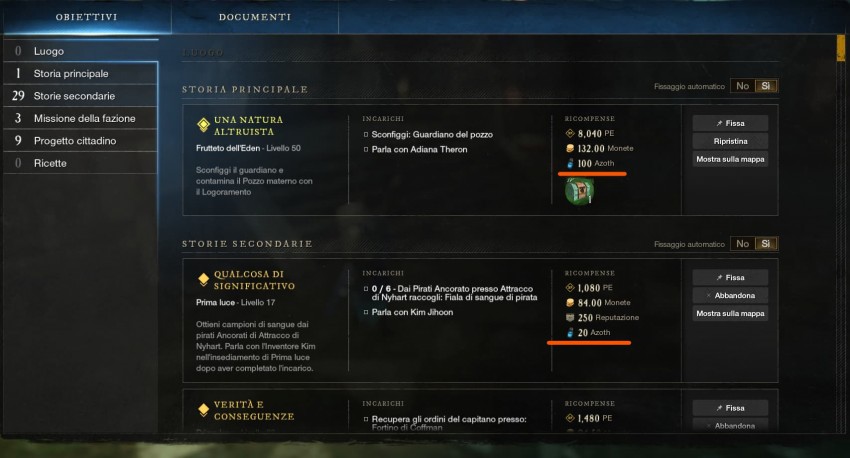 New World Lista missioni per Azoth