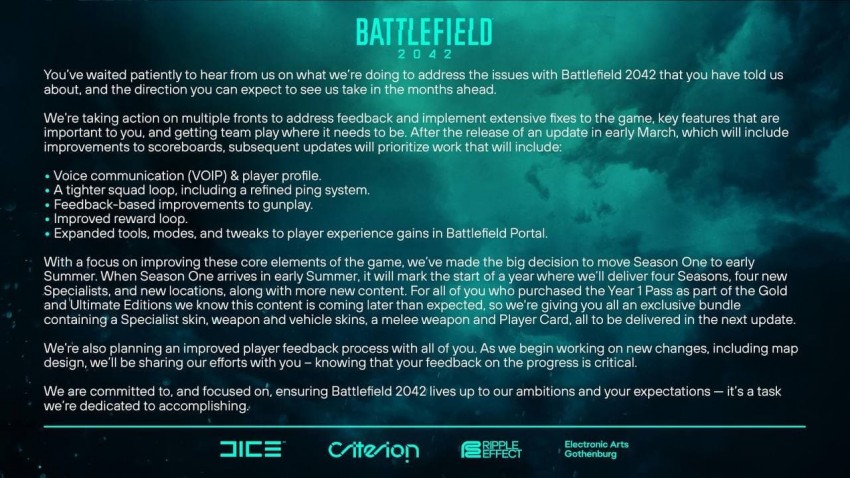 Battlefield 2042 comunicato delay Season 1