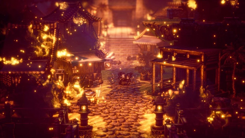 Octopath Traveler 2 screenshot villaggio in fiamme