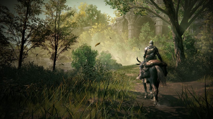 Elden Ring Shadow of the Erdtree a cavallo foresta brillante